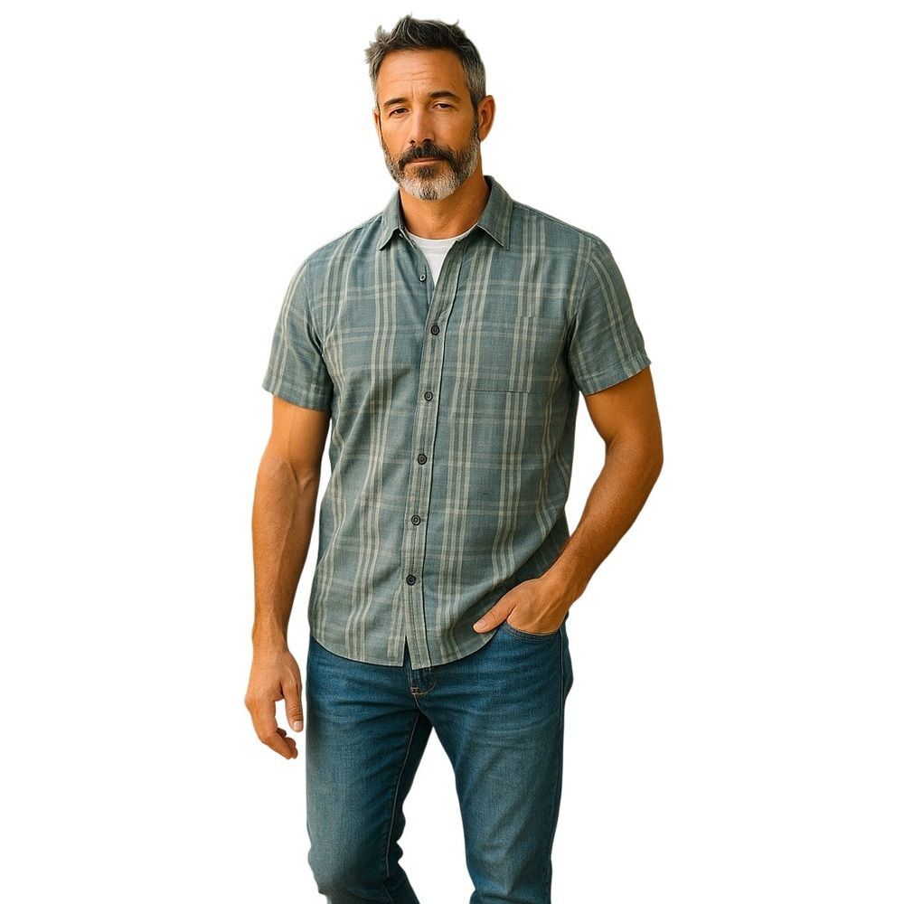 Weatherproof Vintage Mens Classic Blue Plaid Button Down Shirt Casual Linen